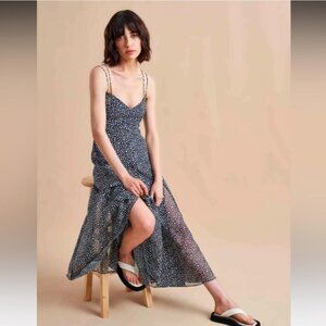 La Ligne Luca Women's 100% Silk Chiffon Midi Dress Poka Dot, size XLarge